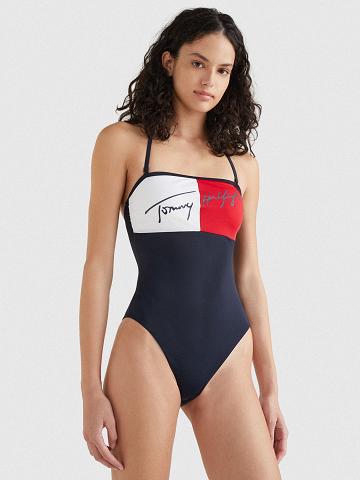 Női Tommy Hilfiger Colorblock Bandeau One-Piece Úszóruhák Kék | HU 409ZUT